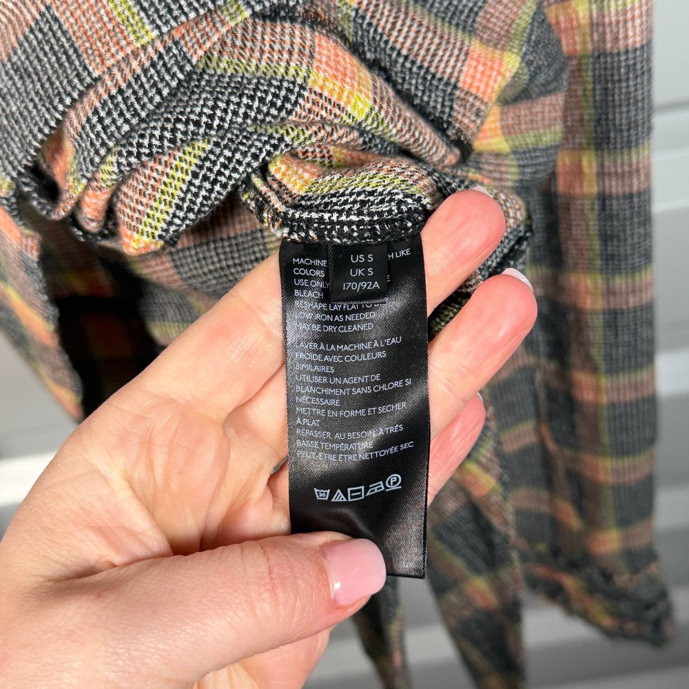 We The Free People Plaid Wrap Tie Front Top Orange Black‎ Small Raw Hem Fringe - Picture 4 of 4